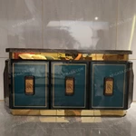 Three-Door Sideboard with Dark Blue High-Gloss Lacquer Panels Gold Metal Trim Natural Marble Top and Polished Gold Stainless Steel Base